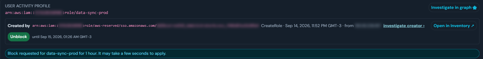 The role blocked for 1 hour: Unblock is available and the block is lifted automatically at the time shown
